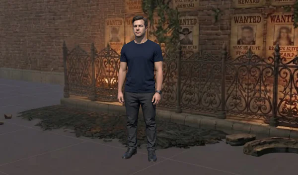 The same close view with the character's clothing textures applied