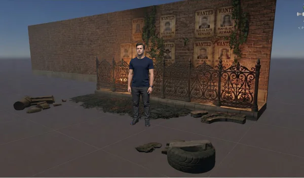 Unity Scene view with the finished character standing in the scene